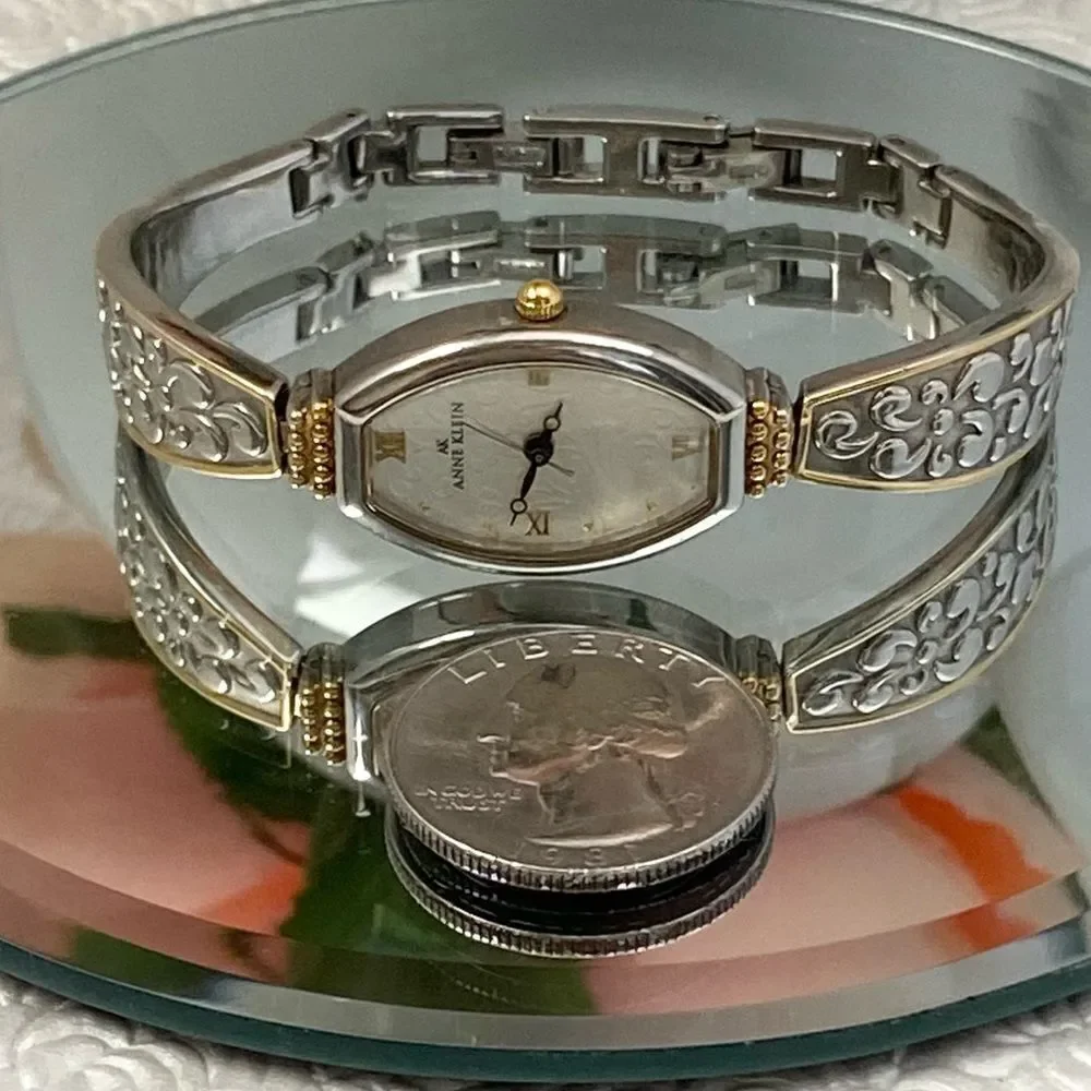 Anne Klein Two-Tone Tonneau Case Bracelet Watch Textured Dial Roman Numerals